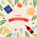 Vector Passover greeting card template banner. Pesach poster with matzo, wine bottle, candles, book, spring flowers on Royalty Free Stock Photo