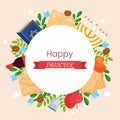 Vector Passover greeting card template banner. Pesach poster with matzo, wine bottle, candles, book, spring flowers on Royalty Free Stock Photo