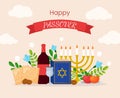 Vector Passover greeting card template. Pesach poster with matzo, wine bottle, candles, book and spring flowers on