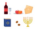 Vector Passover traditional elements icon set. Jewish holiday collection. Matzah, wine bottle and glass, torah, menorah