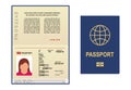 Vector passport template. Open page of visa document with personal photo. International passport icon for legal immigration.