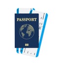 Vector passport with tickets. Air travel concept. Flat Design citizenship ID for traveler isolated. Blue international document -