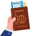Vector passport vaccinated with tickets. Air travel concept. Flat Design citizenship ID for traveler isolated. red international