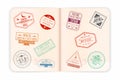 Vector passport with visa stamps. Open passport pages Royalty Free Stock Photo