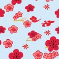 Vector pastel blue red pink cherry flowers blossom sky, seamless pattern background. Royalty Free Stock Photo