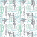 Vector Pastel California Animals Travel Seamless Pattern with Los Angeles, San Francisco, Hummingbirds, and Peace