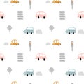 Vector pastel color doodle scandinavian cars with crosswalks and traffic lights. Seamless baby boy pattern. Texture for