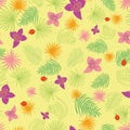 Vector Tropical leaves with flowers and ladybirds pattern background Royalty Free Stock Photo