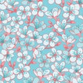 Vector pastel cyan background with light blue cherry blossom sakura flowers and red stems seamless pattern background Royalty Free Stock Photo