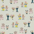 Vector pastel green fun anthromorph cartoon characters in pair seamless pattern background