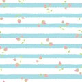 Vector Pastel Pink Rose Buds On Blue White Stripes Seamless Pattern Background