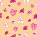 Vector pastel yellow background pink, purple white magnolia flowers, liberty, Seamless pattern background