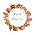 Vector pastry, bakery round label or frame with sweet desserts. bakeryhouse logo template. Pastry shop emblem. Patisserie circle