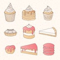 Vector pastry collection of cakes, pies, tarts, muffins and eclairs with pink strawberry topping. Hand drawn sweet bakery product Royalty Free Stock Photo