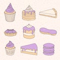 Vector pastry collection of cakes, pies, tarts, muffins, macarons and eclairs with purple blueberry topping and cream. Hand drawn Royalty Free Stock Photo