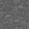 Vector pastry pattern with line art of cakes, pies, muffins, pan