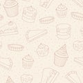 Vector pastry seamless pattern with cakes, pies, muffins and eclairs outline. Hand drawn sweet bakery products in sketchy style o