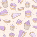 Vector pastry seamless pattern with cakes, pies, tarts, muffins