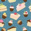 Vector pastry seamless pattern with cakes, profiterole, muffins, cupcakes and eclair with chocolate, fruits and berries.