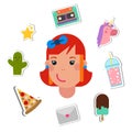 Vector patch badges with cute girl head smiling vector illustration. Stickers, pins, emoji in cartoon 80s-90s comics