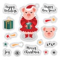 Vector patch set - Christmas and Happy New Year 2019. Cute pig, gift, snowflakes, fireworks, stars ang lettering - great Royalty Free Stock Photo