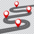 Vector pathway road map with GPS route pin icon Royalty Free Stock Photo