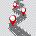 Vector pathway road map with GPS route pin icon