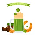 Vector Patrick's day golden coins, beer mug, horseshoe and four-leaf clover, leprechaun boots isolated on white