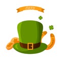 Vector Patrick's day green hat, golden coins, horseshoe and four-leaf clover isolated on white background. Clip art