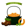 Vector Patrick's day pot with golden coins, horseshoe and four-leaf clover, leprechaun boots isolated on white