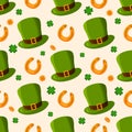 Vector Patrick's Day Seamless Pattern in cartoon style. Clover leaves, golden coins and patricks symbols on pastel