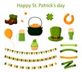 Vector Patrick's Day collection. Set of Irish flags, beer mugs, clover, leprechaun green hat, pot of gold coins