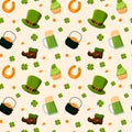 Vector Patrick's Day Seamless Pattern in cartoon style. Clover leaves, pot with golden coins and patricks symbols on