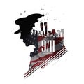 Vector patriot day illustration. We will newer forget 9 11. Vector patriotic illustration with american flag and silhouette of