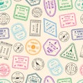 Vector pattern or background illustration with post and immigration stamps from different countries