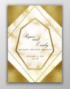 Golden wedding card. Detailed texture of marble. Vector pattern background. Gold geometric frame. Cover design.
