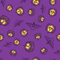 Hand drawn bats, pumpikns on a colored background.