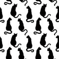 Vector pattern with black silhouettes of cats in different poses, view from the back Royalty Free Stock Photo