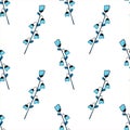 Vector pattern with blue blades of grass and flowers, spring grasses, twigs in hand-drawn style