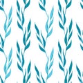 Vector pattern with blue blades of grass, spring grasses, twigs with leaves in hand-drawn style