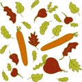 Vector pattern in bright summer colors, vegetables (beets and carrots) and leaves Royalty Free Stock Photo
