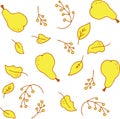 Vector pattern of bright yellow juicy pears, leaves and red branches of berries Royalty Free Stock Photo