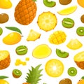 Vector pattern with cartoon pineapples, mango, kiwi isolated on white. Royalty Free Stock Photo