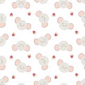 Vector pattern of cartoon rat heads with strawberry on white background. Doodle illustration of cartoon mouses. Seamless pattern