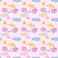 vector pattern: cheerful smiling pink cloud holding umbrella over sad crying rainy cloud Royalty Free Stock Photo