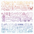 Vector pattern with children toys. Robot, rocket, horse, doll