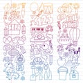 Vector pattern with children toys. Robot, rocket, horse, doll