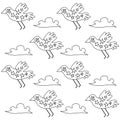 vector pattern of colorless cute birds and clouds