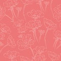 Vector pattern with contour white cosmos bipinnatus flowers on a pink powdery background