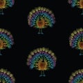 Seamless background of outlines decorative colorful peacock Royalty Free Stock Photo
